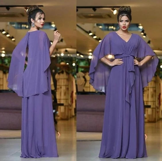 Elegant A-line V-neck Cape Sleeve Open Back Belted Floor Length Prom Dress