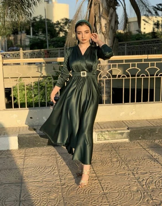Elegant A-line V-neck Long Sleeve Belted Midi Length Prom Dress