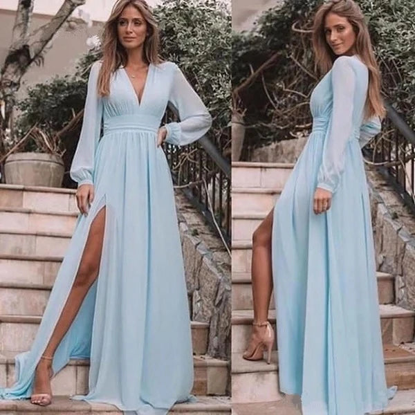 Elegant A-line V-neck Long Sleeve Smocked Waist High Slit Floor Length Prom Dress