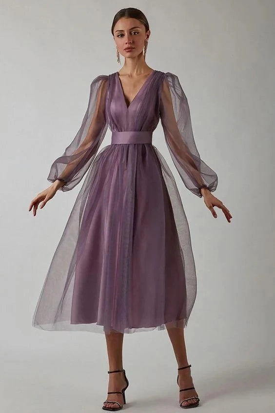 Elegant A-line V-neck Puff Long Sleeve Belted Midi Length Prom Dress