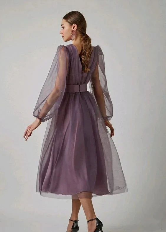 Elegant A-line V-neck Puff Long Sleeve Belted Midi Length Prom Dress