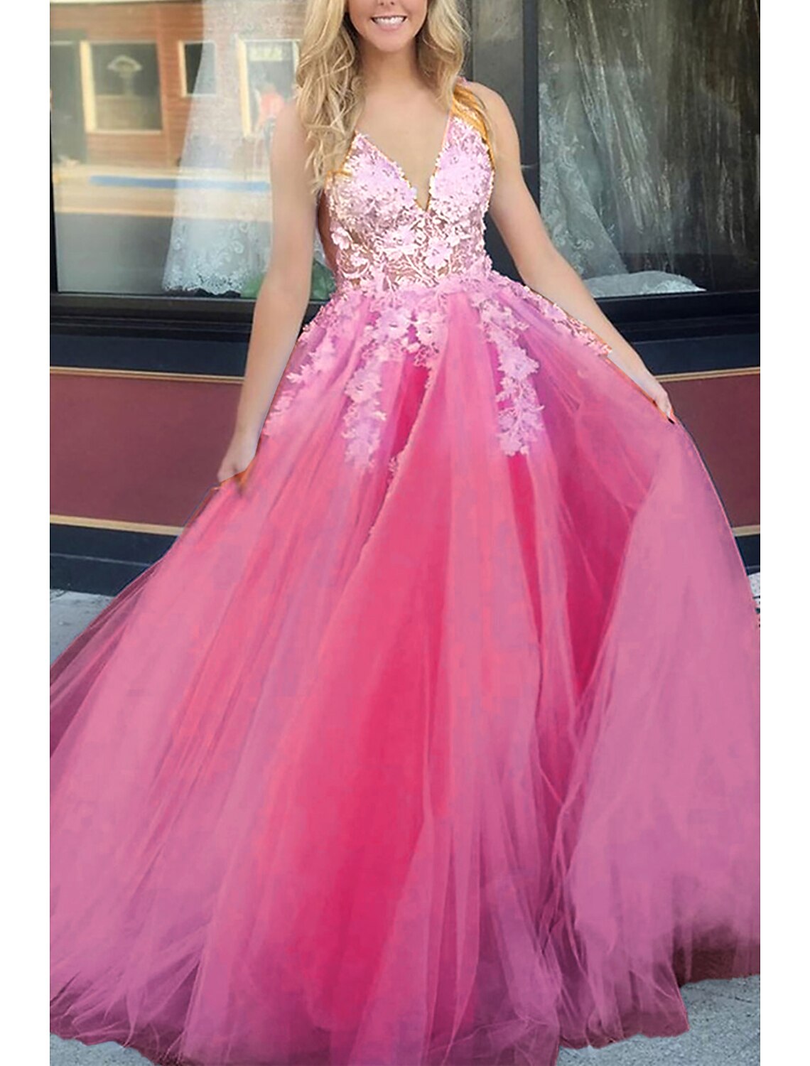 Elegant Ball Gown A-Line V-Neck Color Block Tulle Floor Length Prom Dress.
