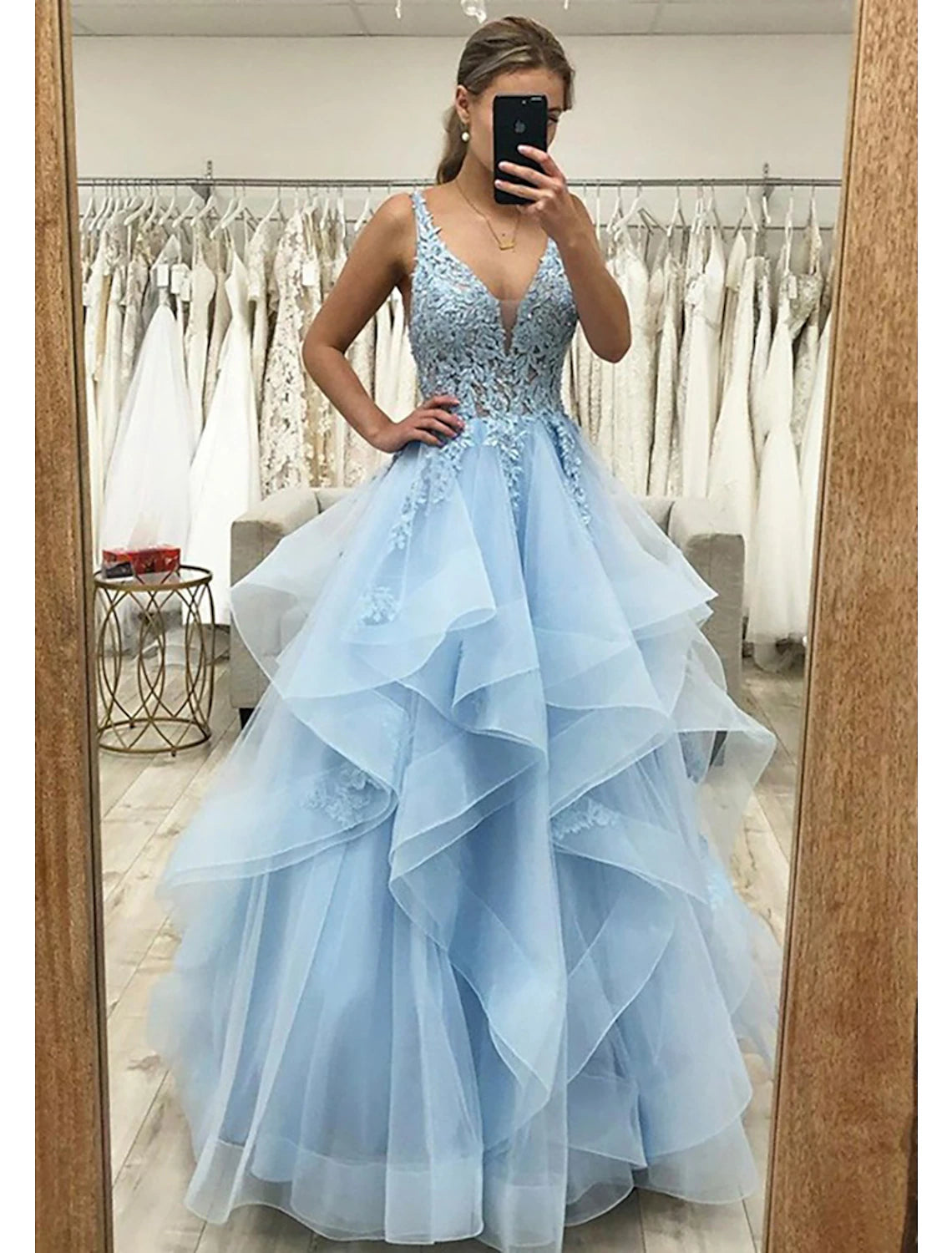 Elegant Ball Gown A-Line V-Neck Tulle Pleated Floor Length Prom Dress.