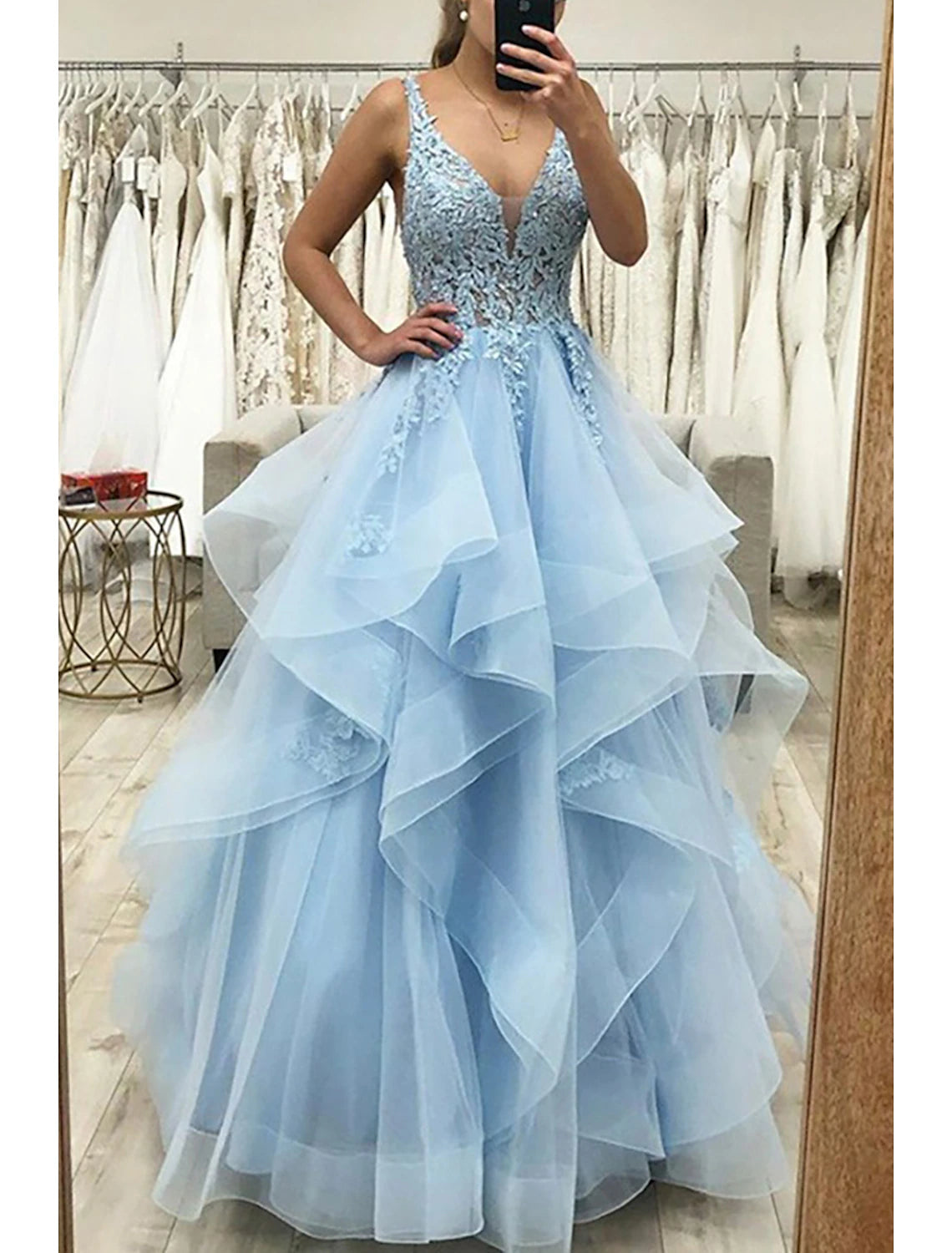 Elegant Ball Gown A-Line V-Neck Tulle Pleated Floor Length Prom Dress.
