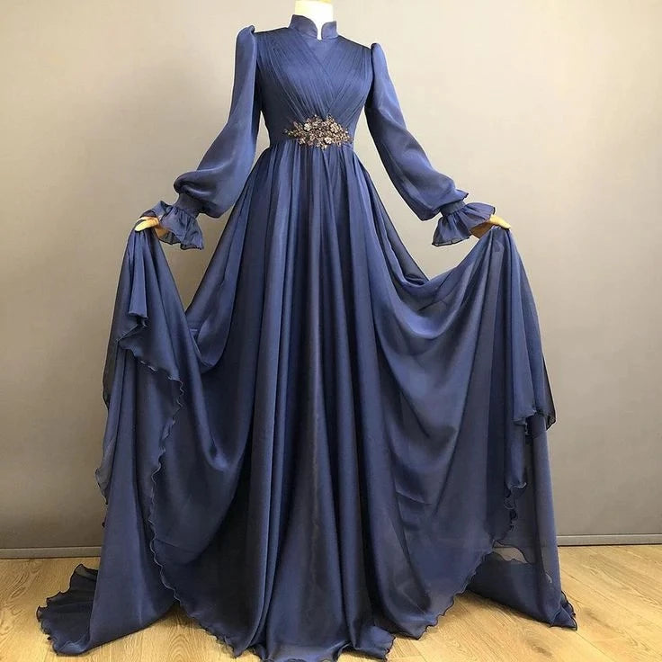Elegant Ball-Gown High-Neck Long-Sleeve Zipper-Back Beaded-Waist Floor-Length Prom Dress