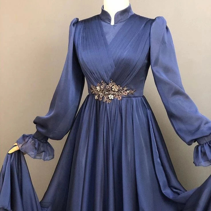 Elegant Ball-Gown High-Neck Long-Sleeve Zipper-Back Beaded-Waist Floor-Length Prom Dress