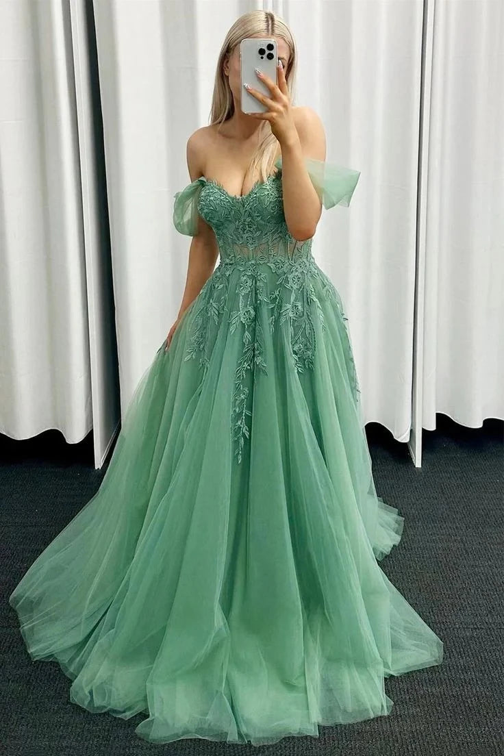 Elegant Ball-Gown Off-The-Shoulder Sheer-Short-Sleeve Lace-Up-Back Floral-Appliqué Trained-Hem Floor-Length Prom Dress
