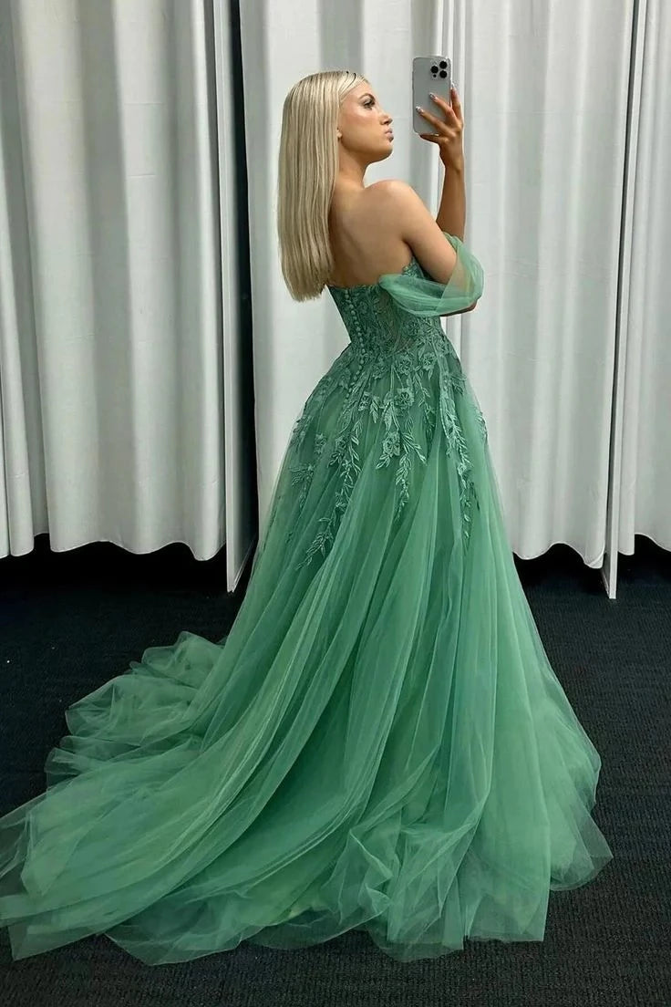 Elegant Ball-Gown Off-The-Shoulder Sheer-Short-Sleeve Lace-Up-Back Floral-Appliqué Trained-Hem Floor-Length Prom Dress
