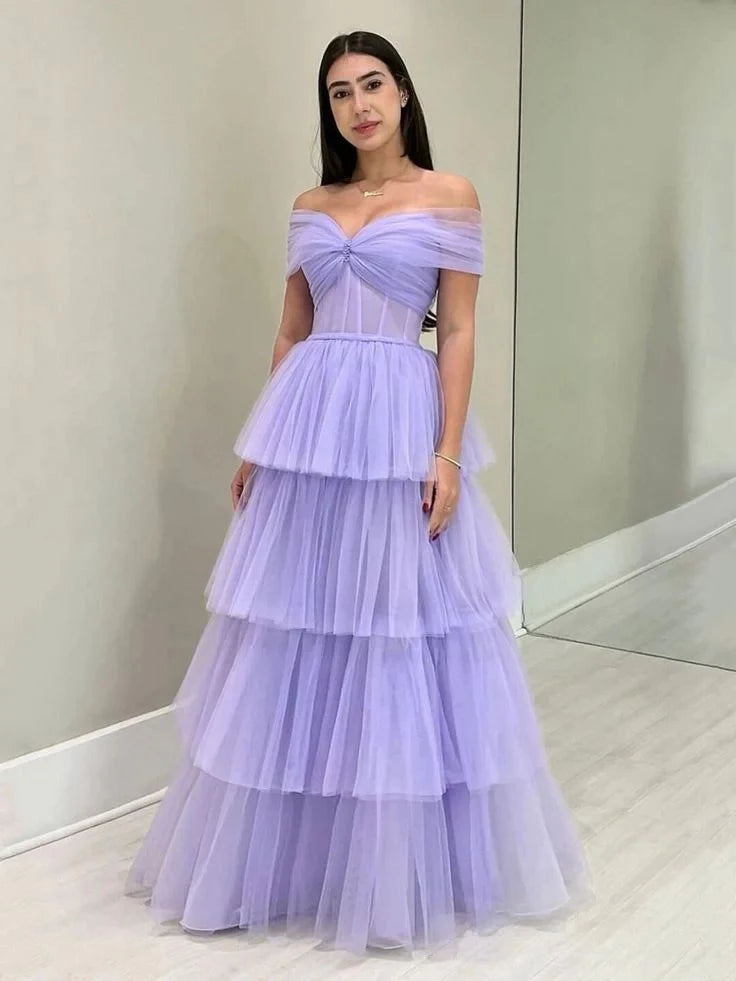 Elegant Ball-Gown Off-The-Shoulder Short-Sleeve Zipper-Back Tiered-Tulle Floor-Length Prom Dress