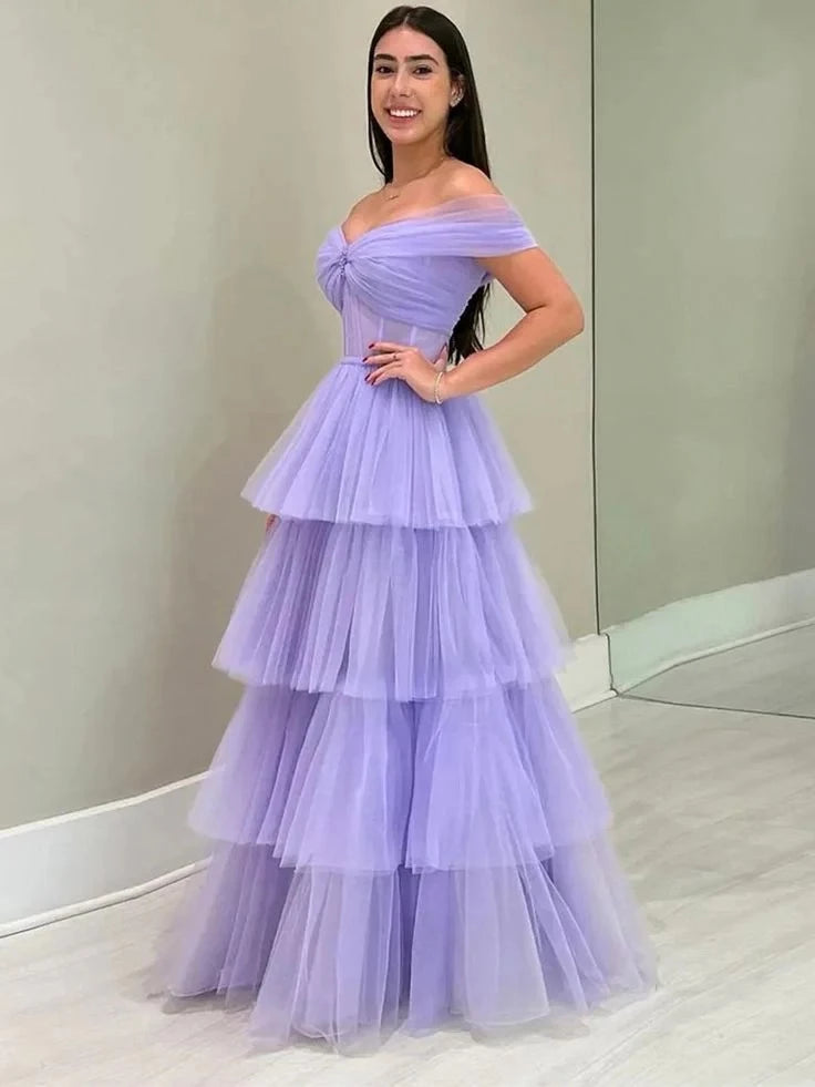 Elegant Ball-Gown Off-The-Shoulder Short-Sleeve Zipper-Back Tiered-Tulle Floor-Length Prom Dress