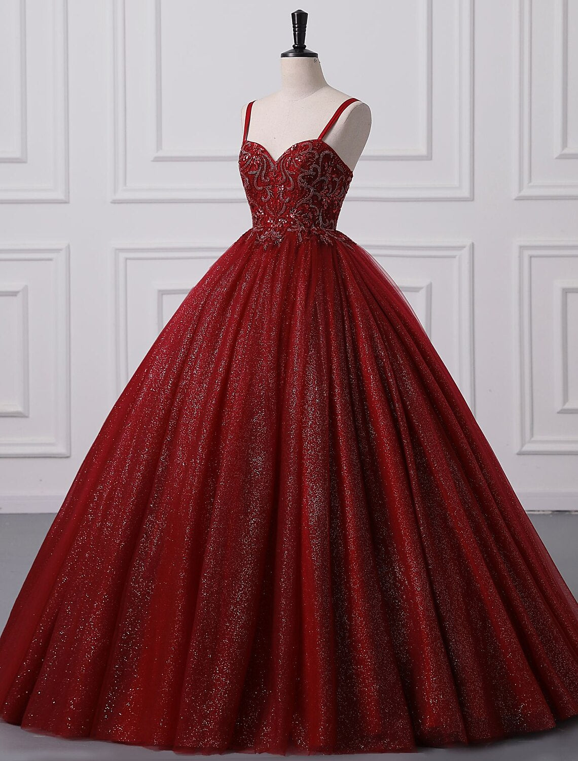 Elegant Ball Gown Spaghetti Strap Lace Beaded Floor Length Prom Princess Dress.