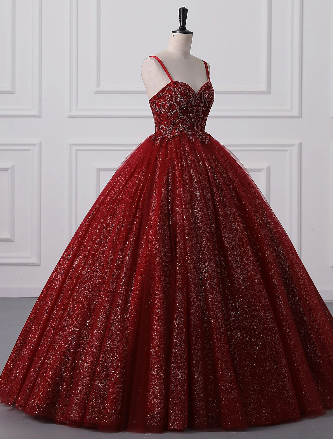 Elegant Ball Gown Spaghetti Strap Lace Beaded Floor Length Prom Princess Dress.