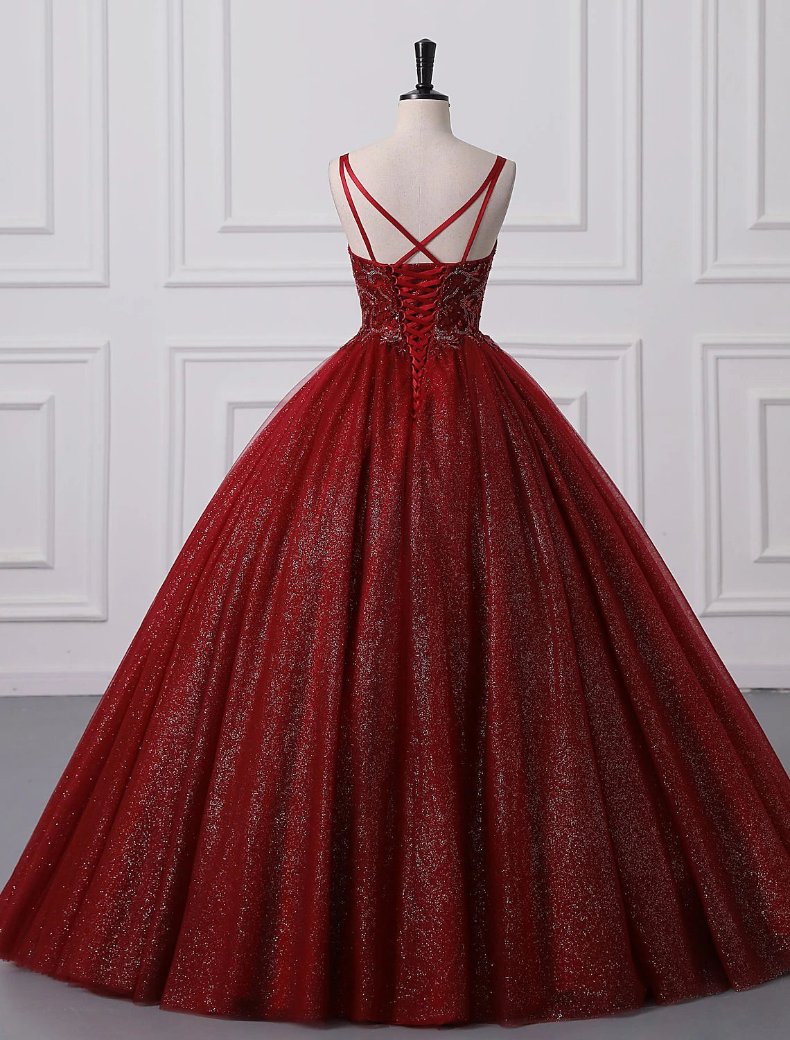 Elegant Ball Gown Spaghetti Strap Lace Beaded Floor Length Prom Princess Dress.