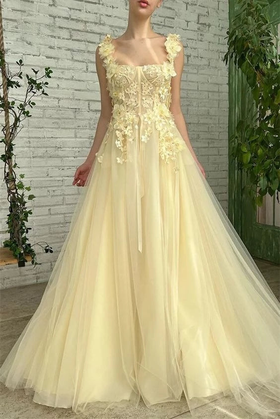 Elegant Ball-Gown Square-Neck Floral-Appliqué Lace-Up-Back Tulle-Trained Floor-Length Prom Dress
