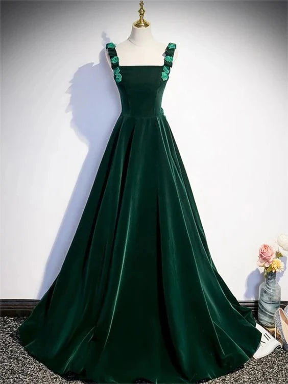 Elegant Ball-Gown Square-Neck Sleeveless Lace-Up-Back Floral-Appliqué Floor-Length Prom Dress