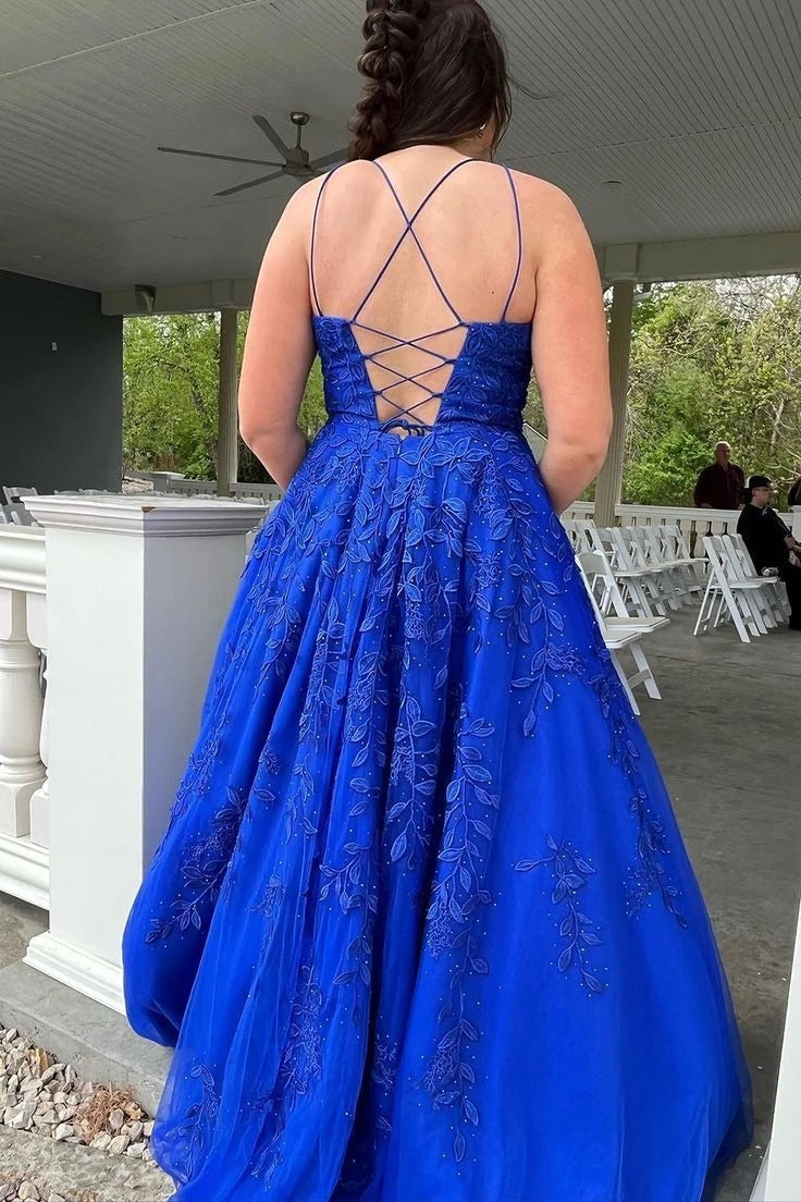 Elegant Ball-Gown Square-Neck Spaghetti-Strap Crisscross-Lace-Up-Back Floral-Appliqué Floor-Length Prom Dress