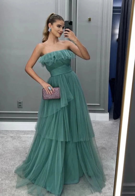 Elegant Ball-Gown Strapless Ruffled-Neck Sleeveless Zipper-Back Tiered-Tulle Floor-Length Prom Dress