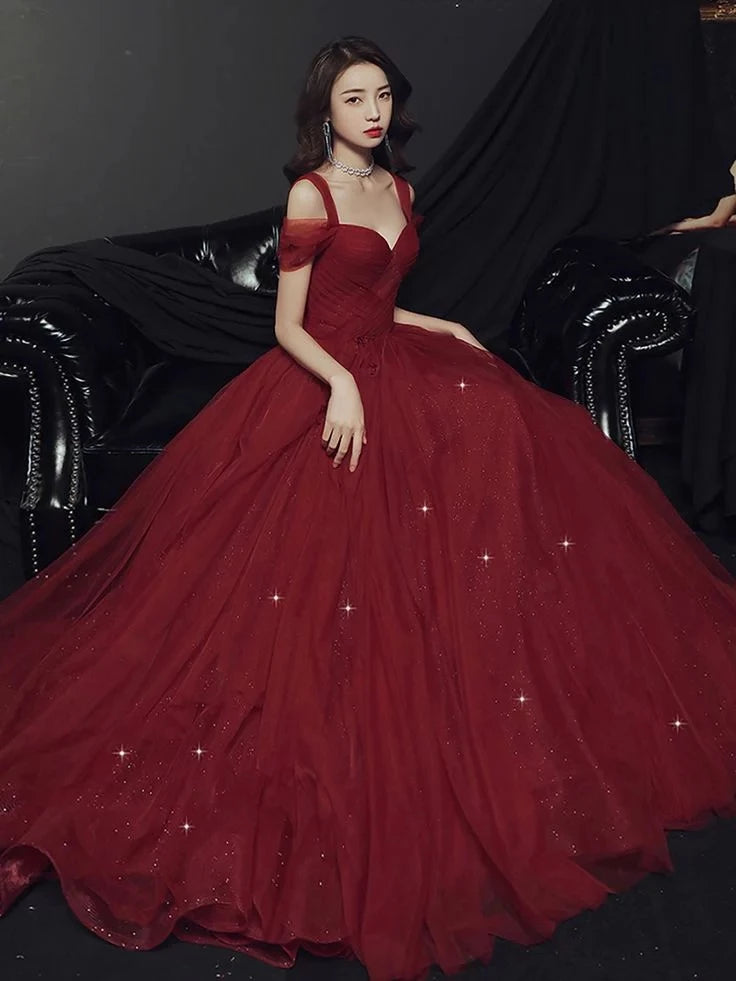 Elegant Ball-Gown Sweetheart Cold-Shoulder Lace-Up-Back Sparkle-Tulle Floor-Length Prom Dress