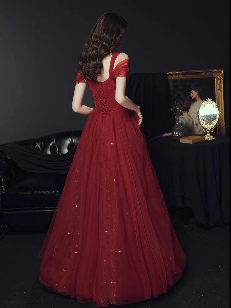 Elegant Ball-Gown Sweetheart Cold-Shoulder Lace-Up-Back Sparkle-Tulle Floor-Length Prom Dress