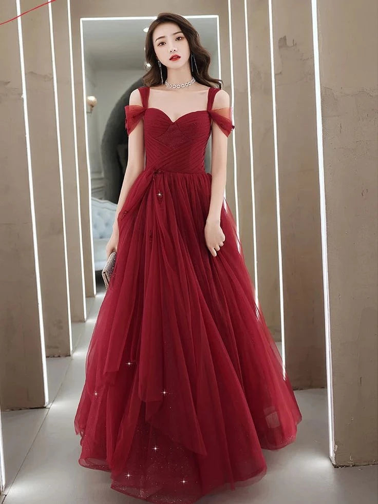 Elegant Ball-Gown Sweetheart Cold-Shoulder Lace-Up-Back Sparkle-Tulle Floor-Length Prom Dress