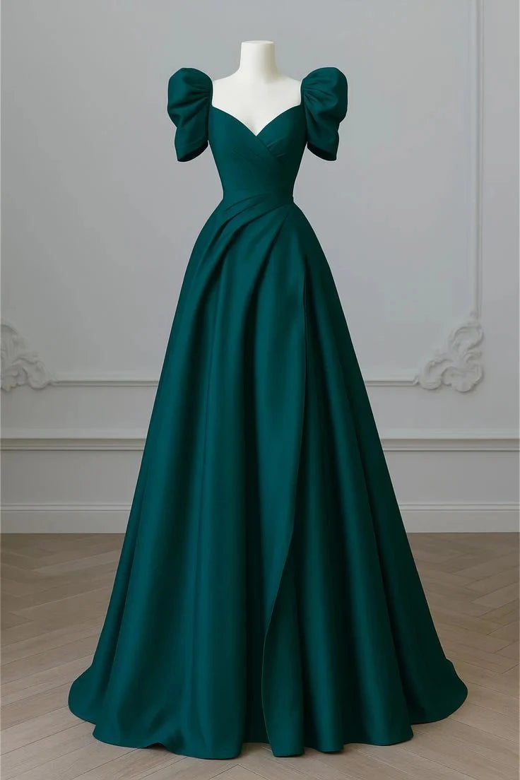 Elegant Ball-Gown Sweetheart Neck Puffed-Sleeve Open Back Satin Floor-Length Evening Dress