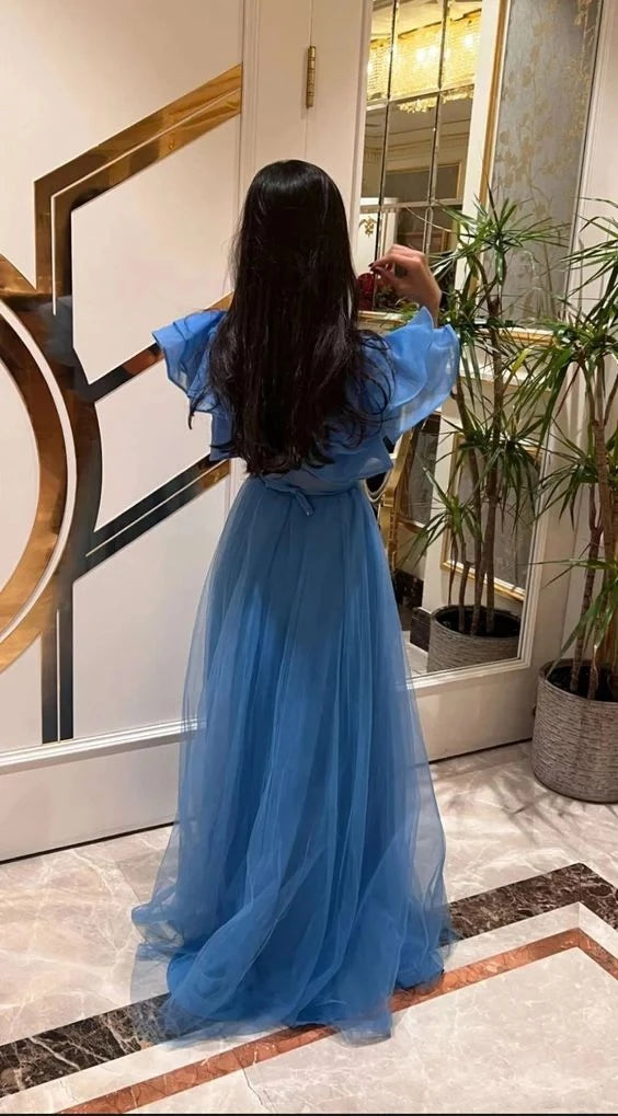 Elegant Ball-Gown Sweetheart-Neck Ruffle-Shoulder Belted-Waist Tulle-Trained Floor-Length Prom Dress
