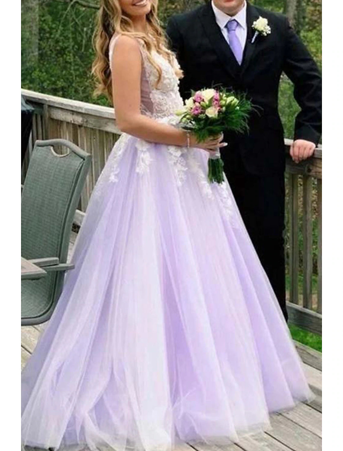 Elegant Ball Gown V-Neck Beaded Color Block Floor Length Prom Dress.