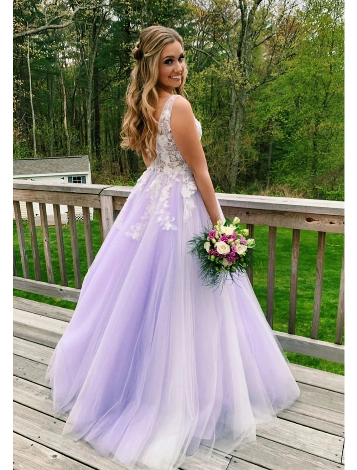 Elegant Ball Gown V-Neck Beaded Color Block Floor Length Prom Dress.