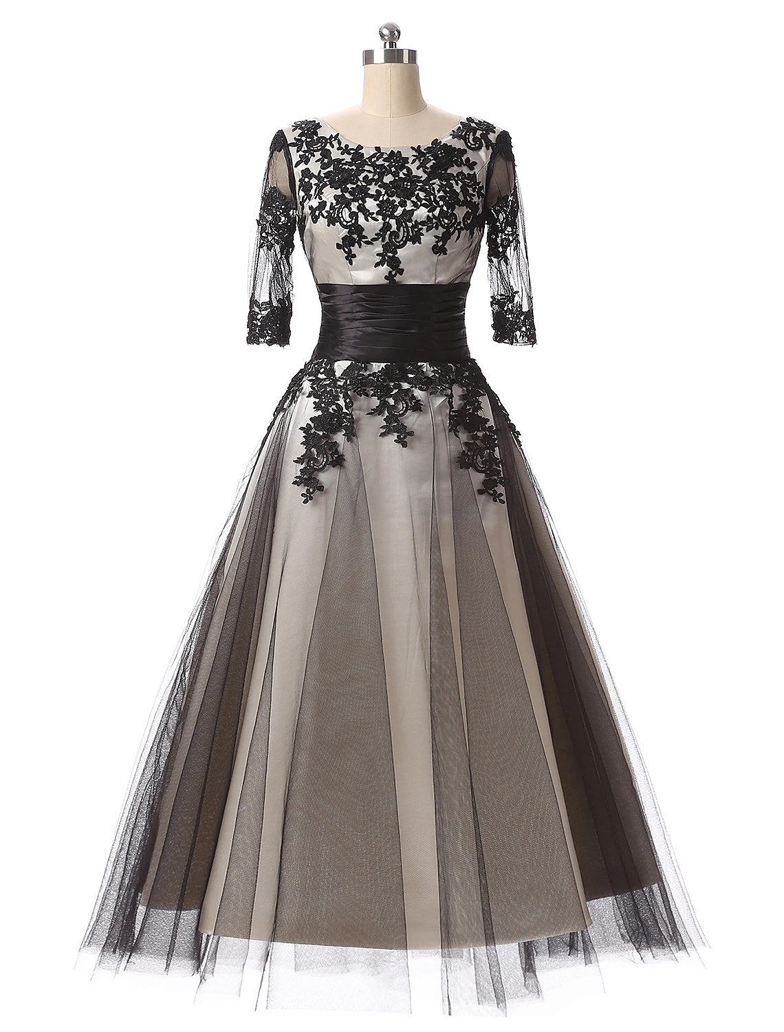 Elegant Color Block Ball Gown, Half Sleeve Lace Appliques Evening Dress.