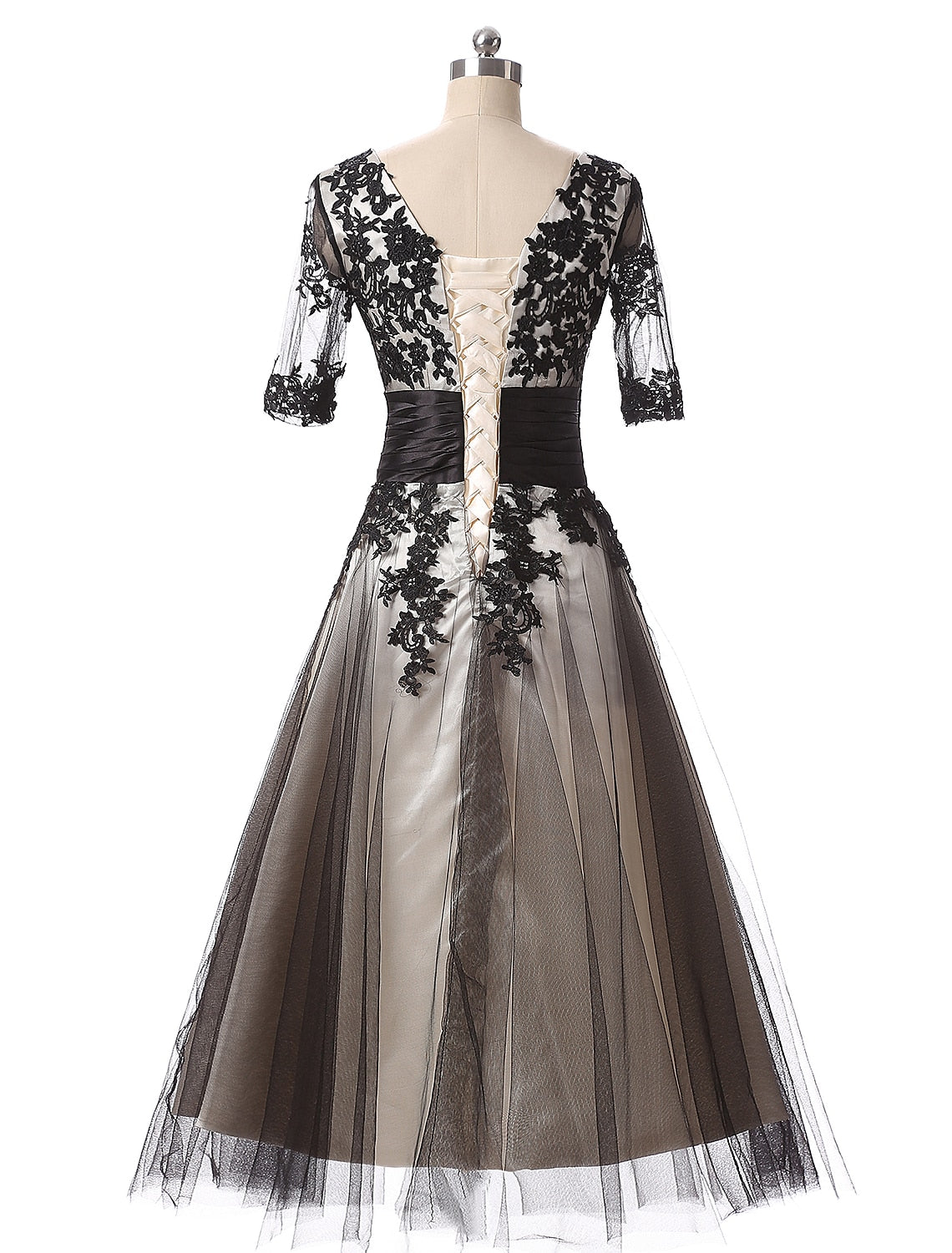 Elegant Color Block Ball Gown, Half Sleeve Lace Appliques Evening Dress.