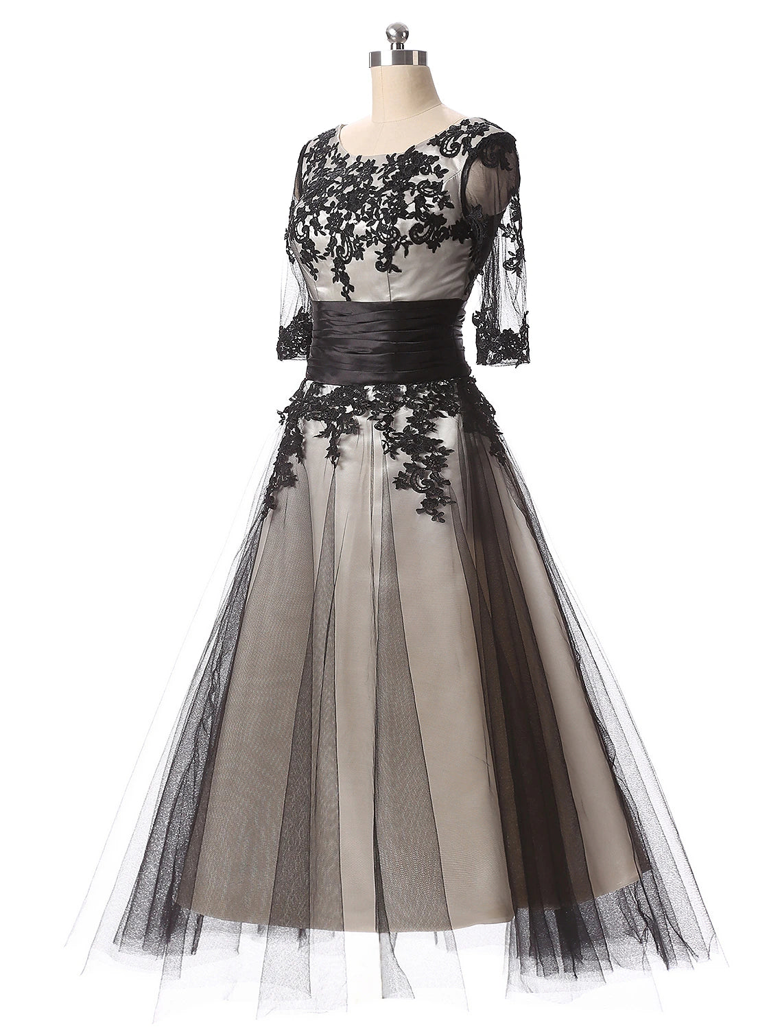 Elegant Color Block Ball Gown, Half Sleeve Lace Appliques Evening Dress.