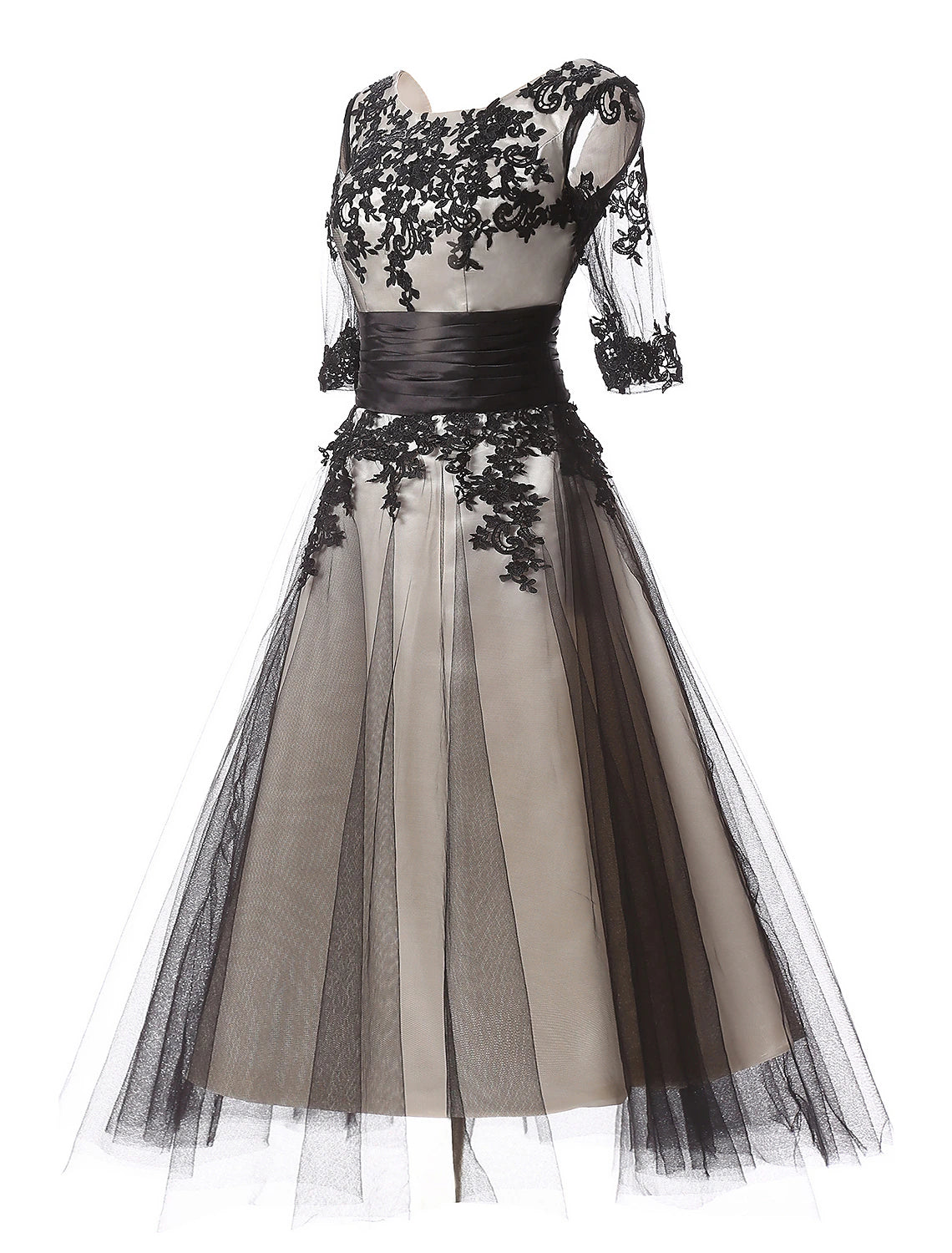 Elegant Color Block Ball Gown, Half Sleeve Lace Appliques Evening Dress.