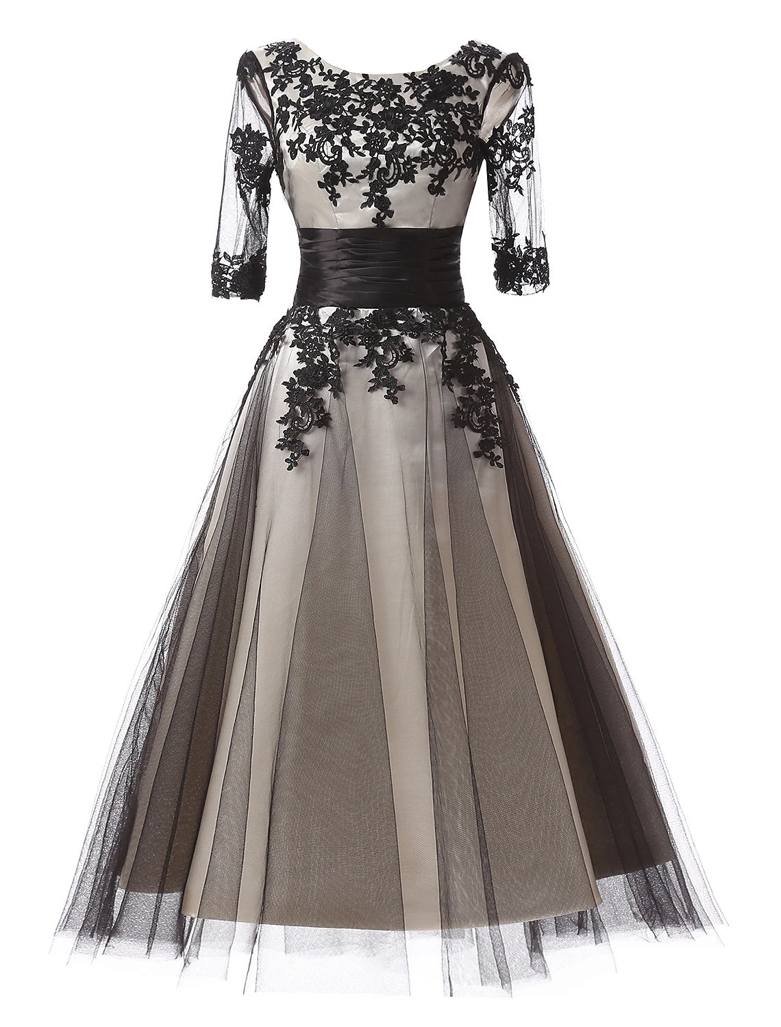 Elegant Color Block Ball Gown, Half Sleeve Lace Appliques Evening Dress.