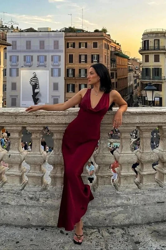 Elegant Column Cowl Neck Sleeveless Open Back Floor Length Evening Dress