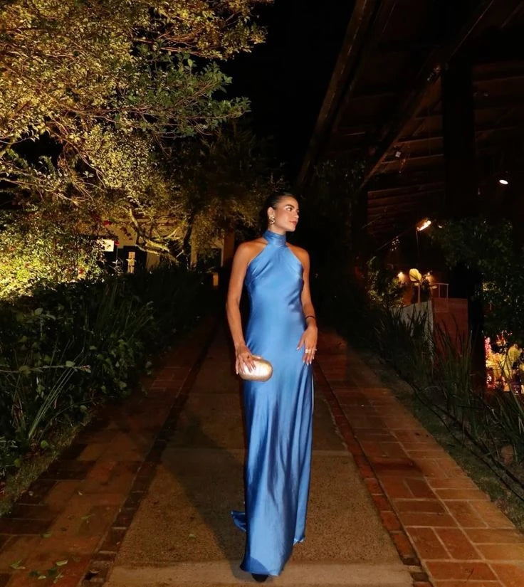 Elegant Column Halter Neck Sleeveless Open Back Floor Length Evening Dress