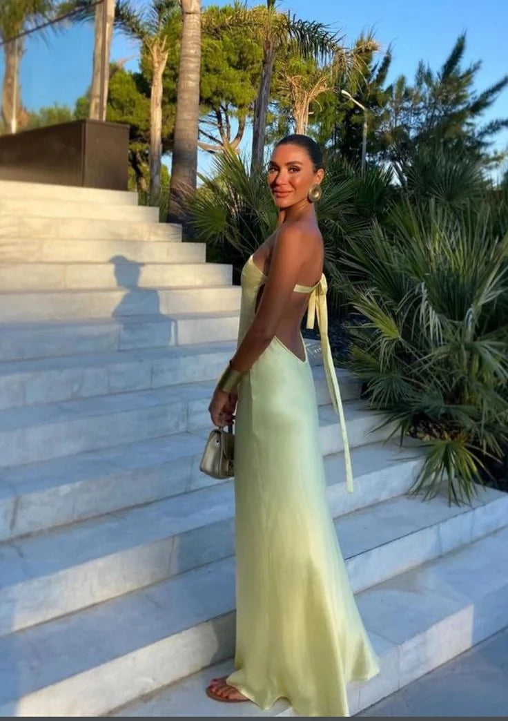 Elegant Column One Shoulder Sleeveless Bow Back Floor Length Evening Dress