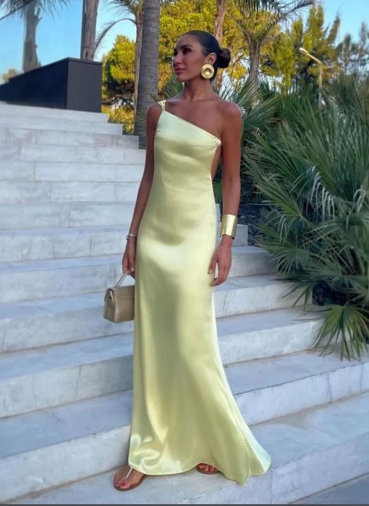 Elegant Column One Shoulder Sleeveless Bow Back Floor Length Evening Dress
