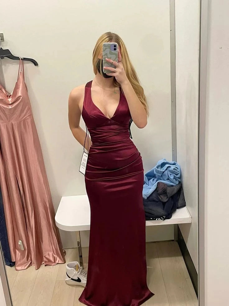 Elegant Column V Neck Sleeveless Cross Back Bow Tie Floor Length Evening Dress
