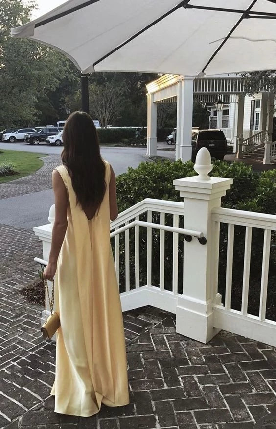 Elegant Column V Neck Sleeveless Open Back Floor Length Evening Dress