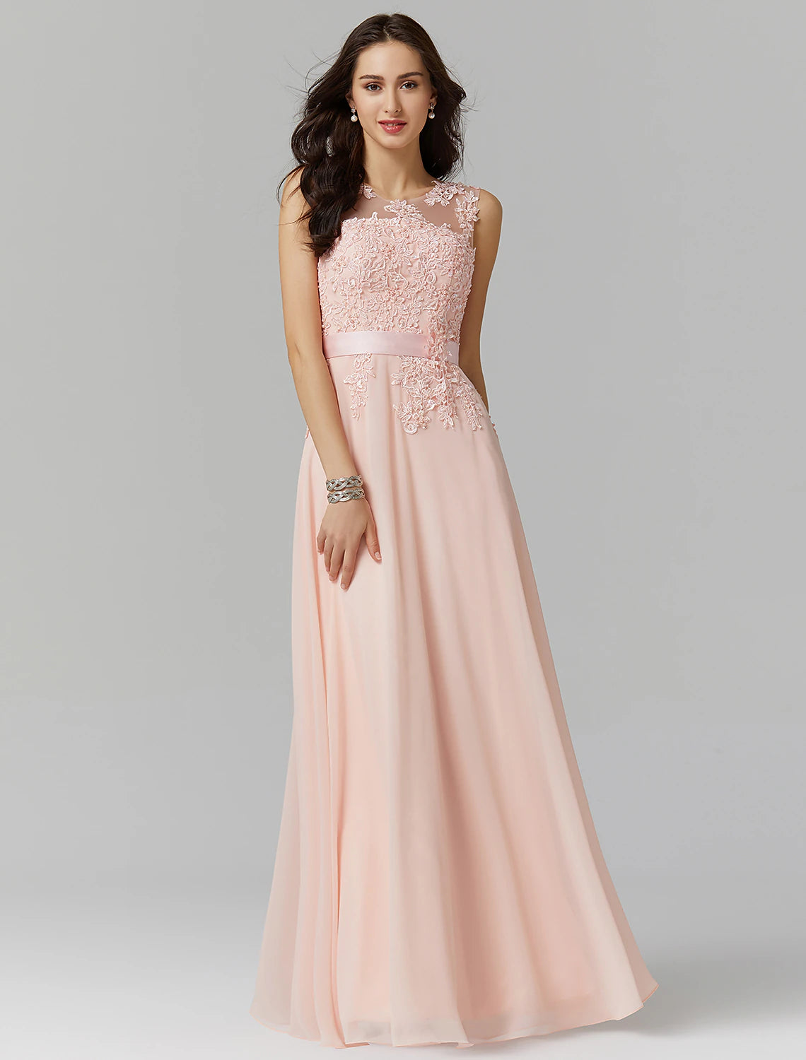 Elegant High-Waisted A-Line Illusion Neck Chiffon Gown with Appliques.