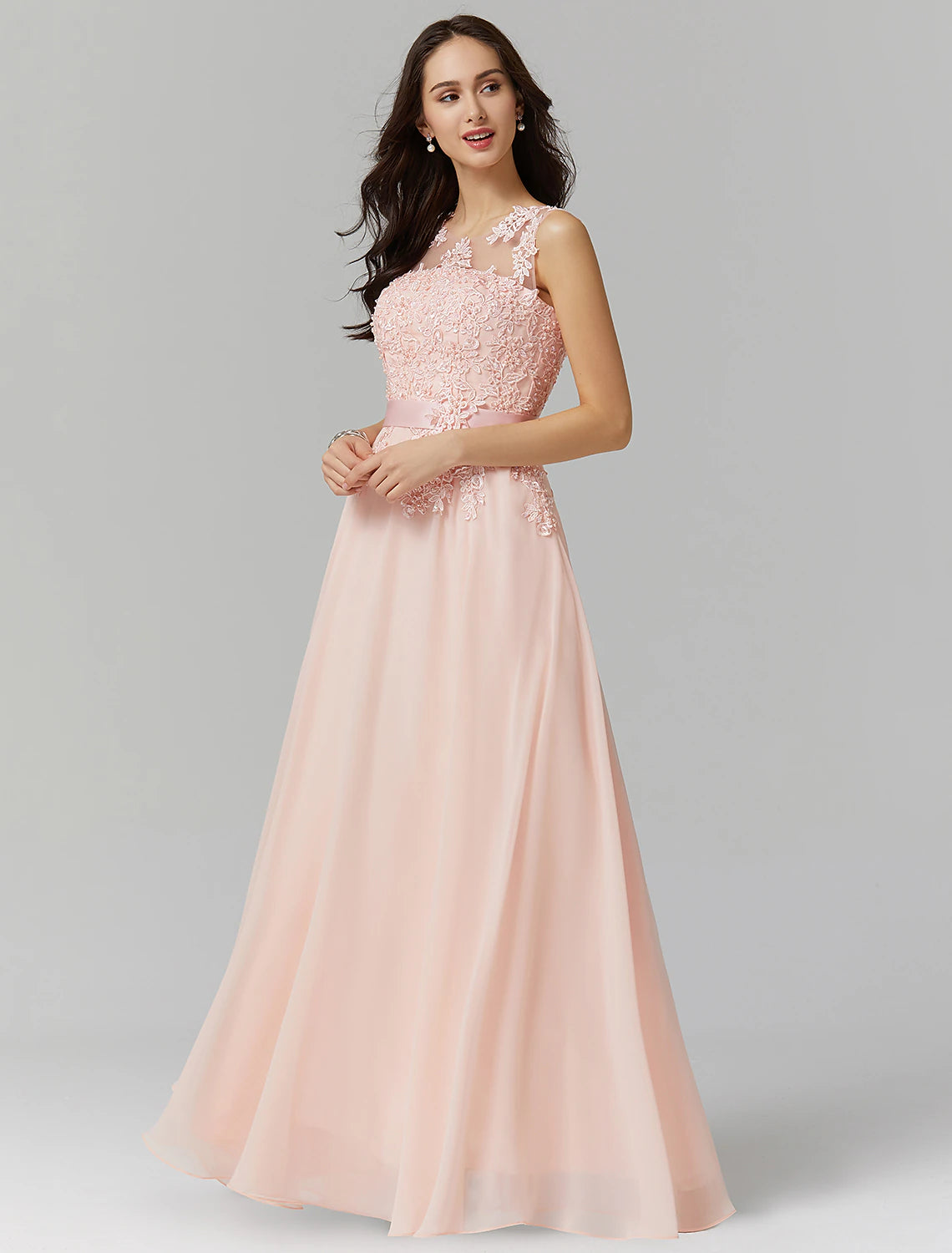 Elegant High-Waisted A-Line Illusion Neck Chiffon Gown with Appliques.