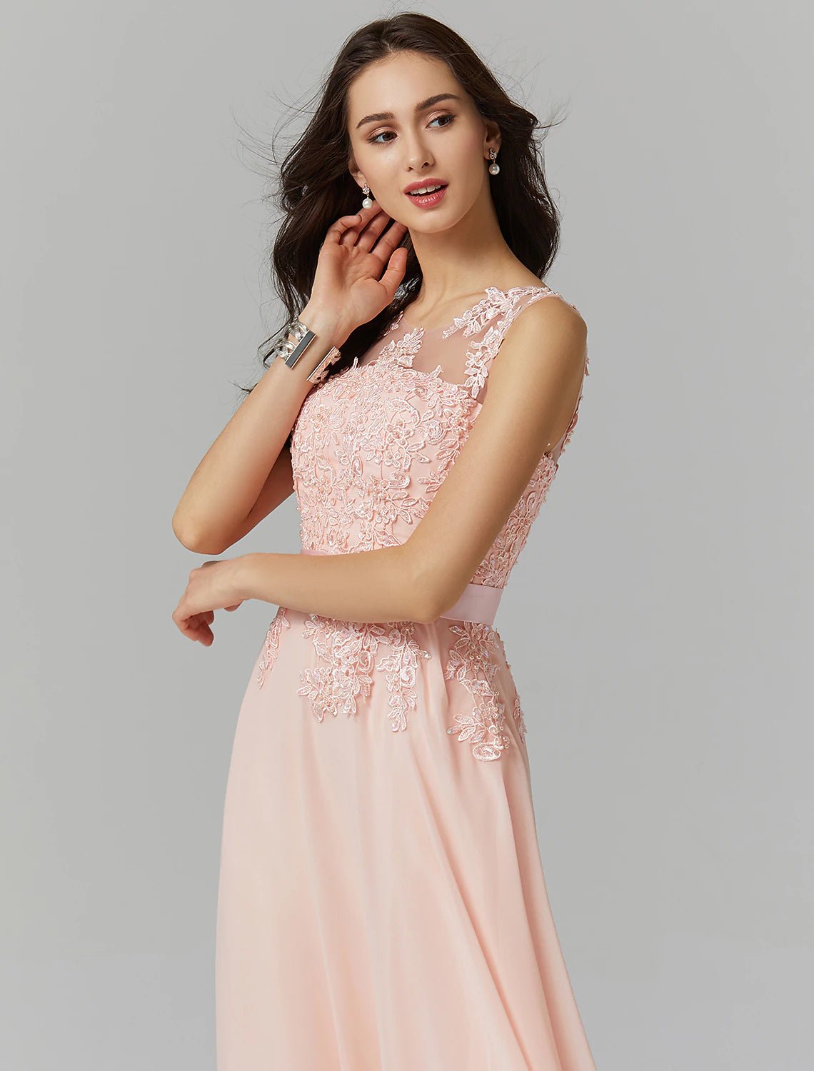 Elegant High-Waisted A-Line Illusion Neck Chiffon Gown with Appliques.