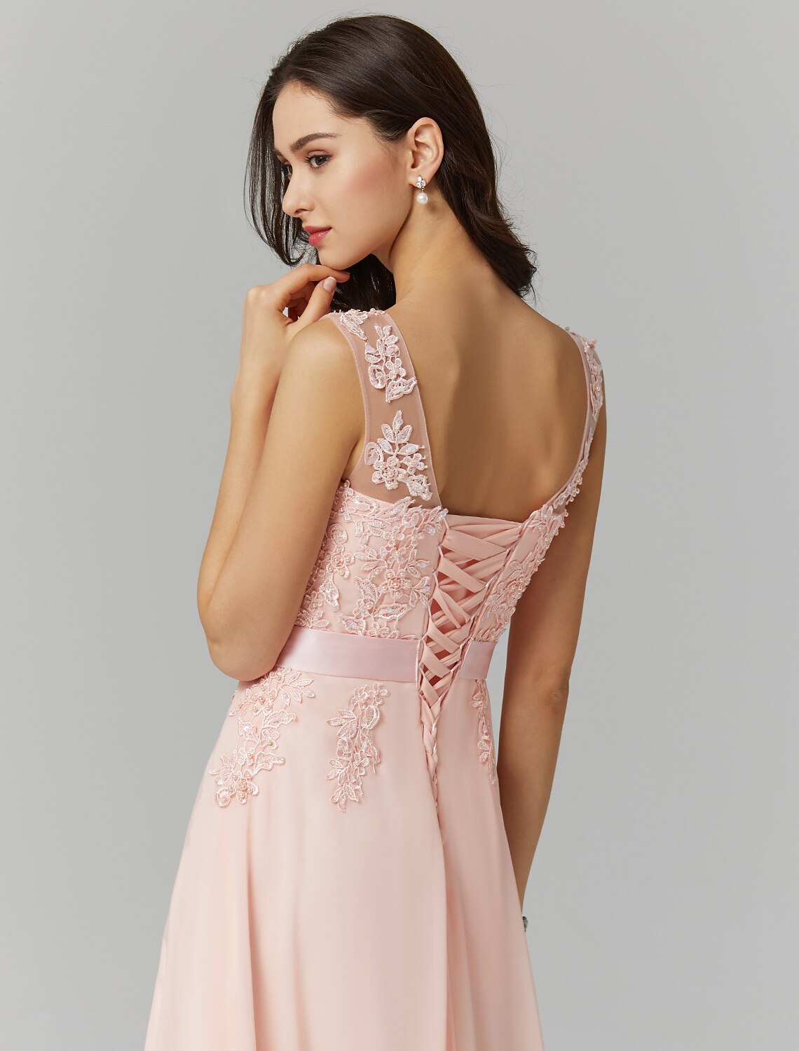 Elegant High-Waisted A-Line Illusion Neck Chiffon Gown with Appliques.
