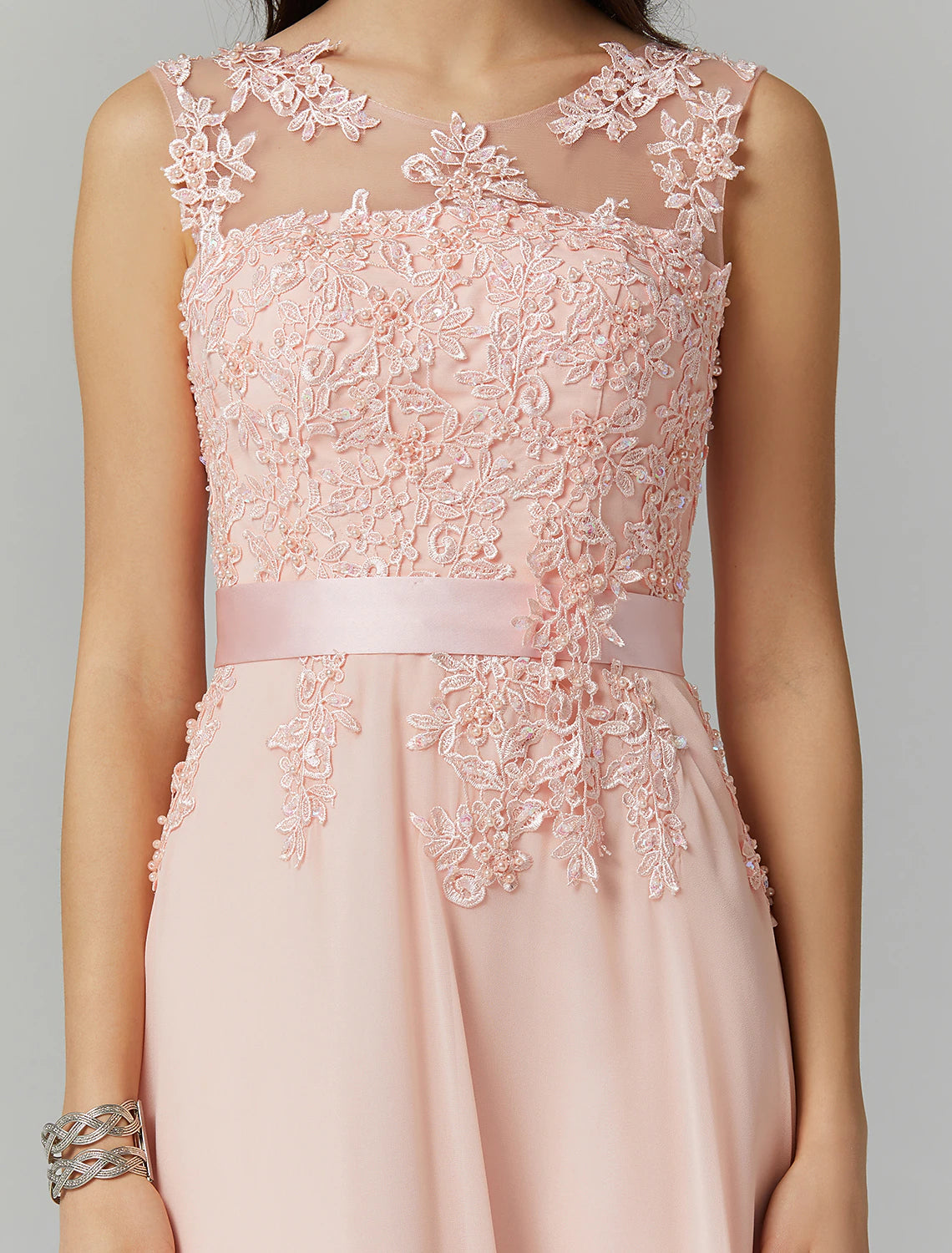 Elegant High-Waisted A-Line Illusion Neck Chiffon Gown with Appliques.
