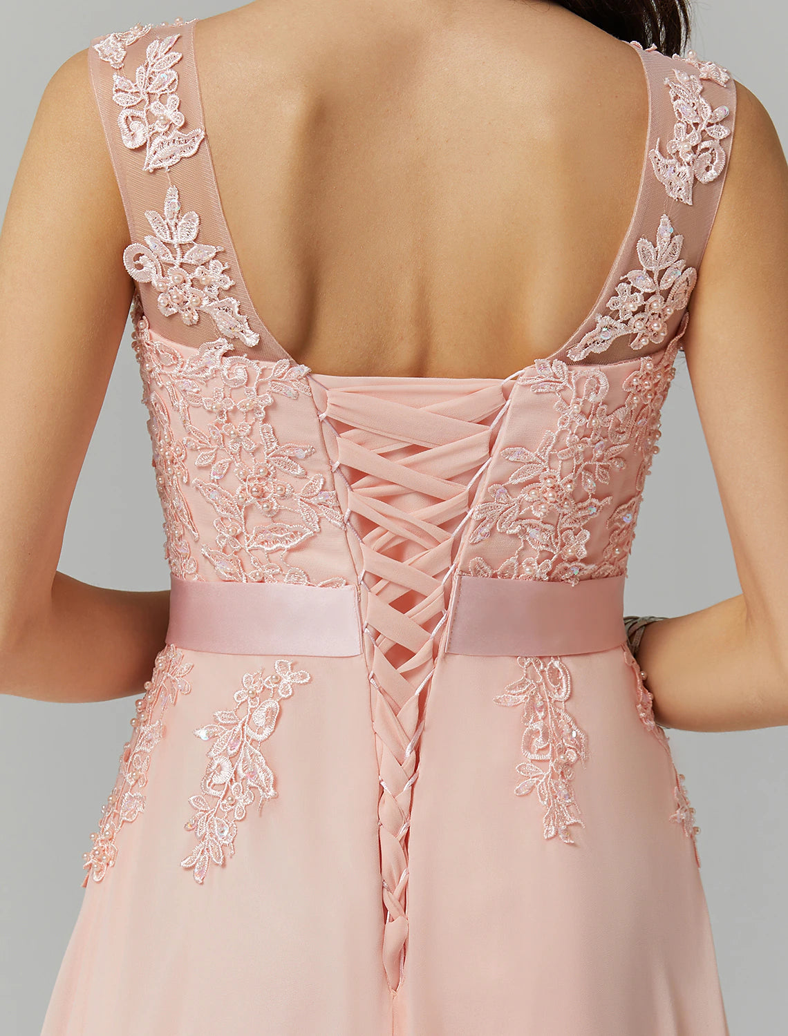 Elegant High-Waisted A-Line Illusion Neck Chiffon Gown with Appliques.