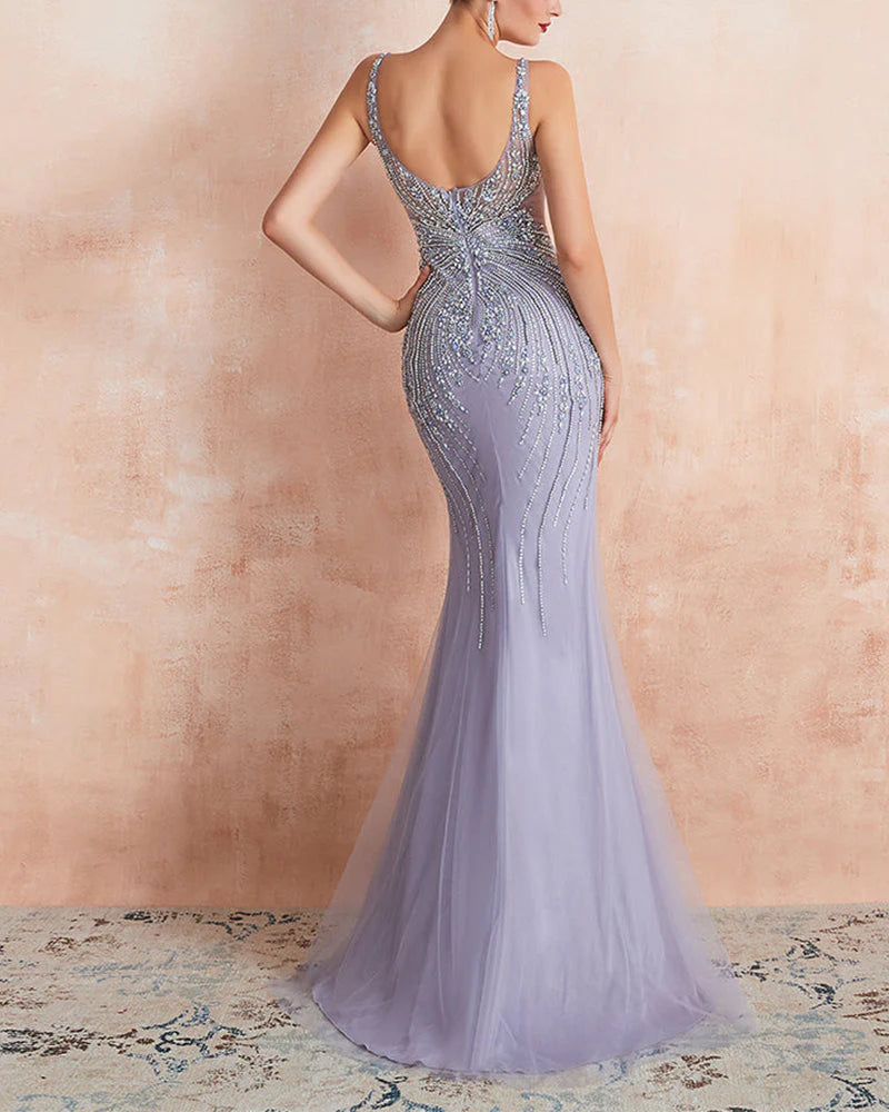 Wholesa Mermaid Scoop Floor-Length Tulle Zipper Back Prom Dresses With Beaded