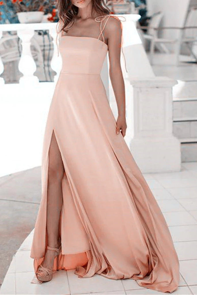 Wholesa Spaghetti Straps Square Sleeveless A-Line Zipper Floor-Length Long Prom Dresses