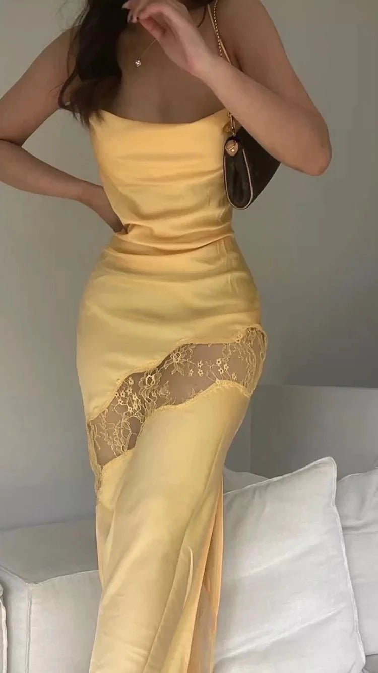 Elegant Mermaid Cowl Neck Spaghetti Strap Lace Up Back Lace Insert Floor Length Evening Dress