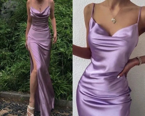 Elegant Mermaid Cowl Neck Spaghetti Strap Plain Back Floor Length Formal Evening Dress