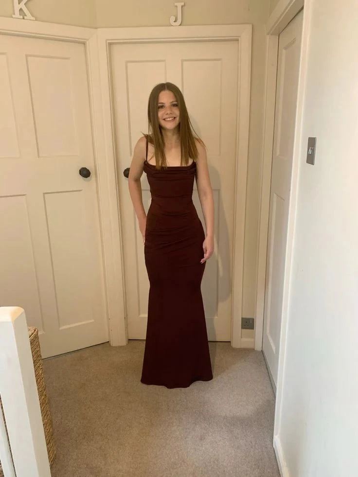 Elegant Mermaid Cowl-Neck Spaghetti-Strap Sleeveless Floor-Length Evening Dress